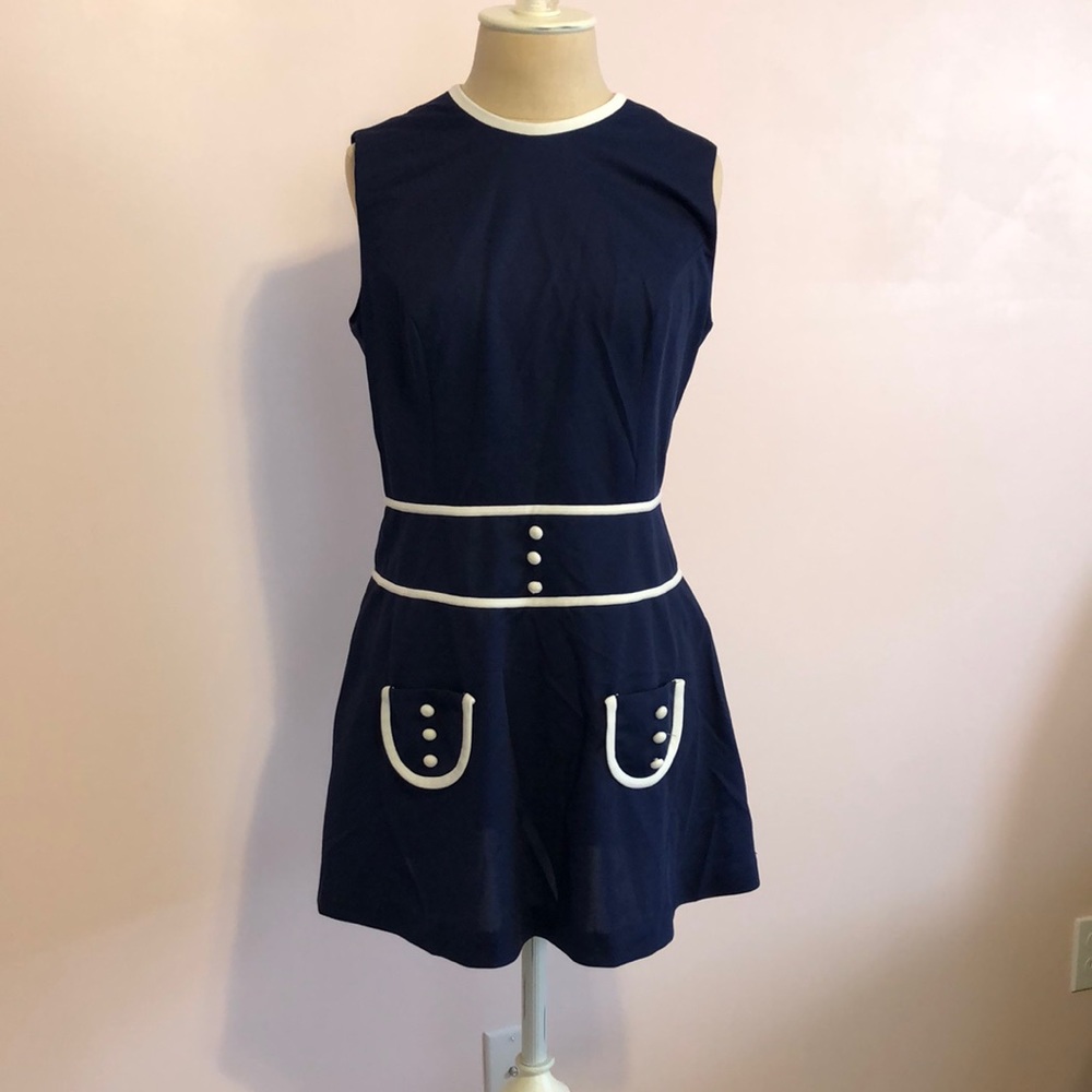 Vintage 60s Mod Scooter Girl Mini Dress! Navy Blue w White Accents Sz. L